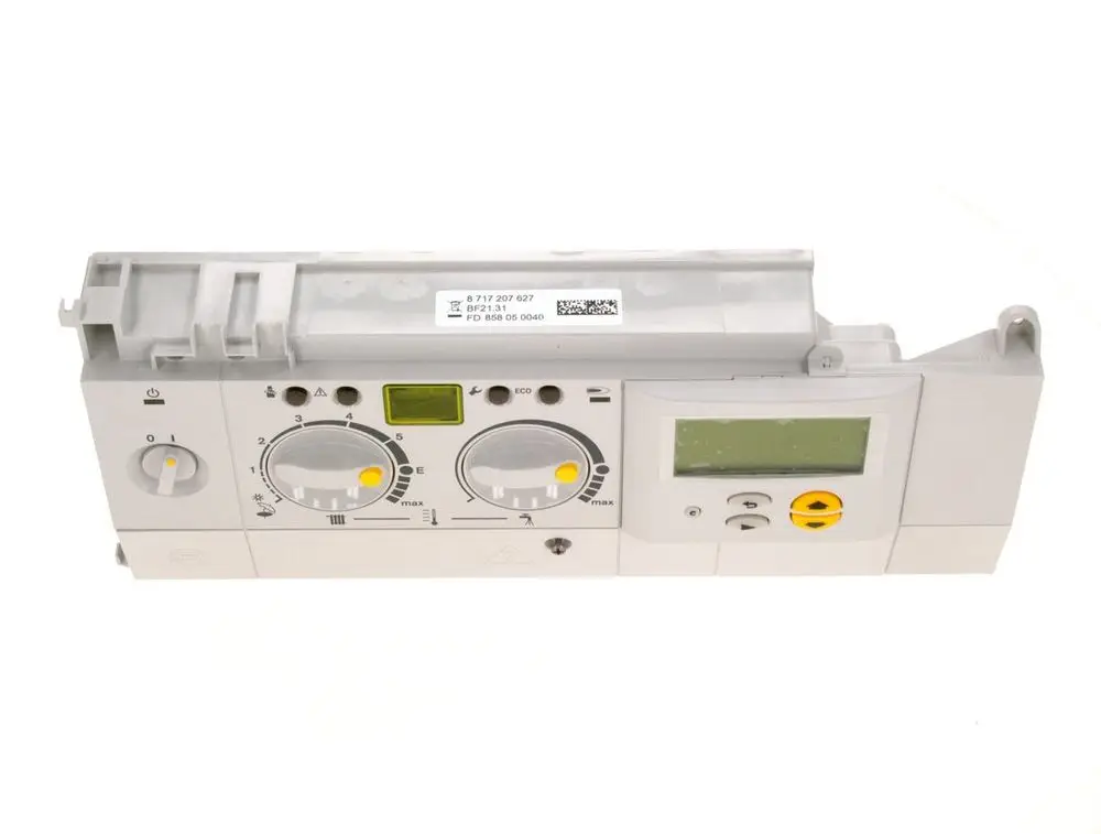 Bosch Steuergerät in Grau mit verschiedenen Reglern, Tasten und einem digitalen Display, montiert in einem kompakten Gehäuse.